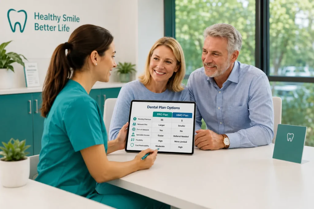 Couple reviewing PPO and DHMO dental plan information with an advisor.