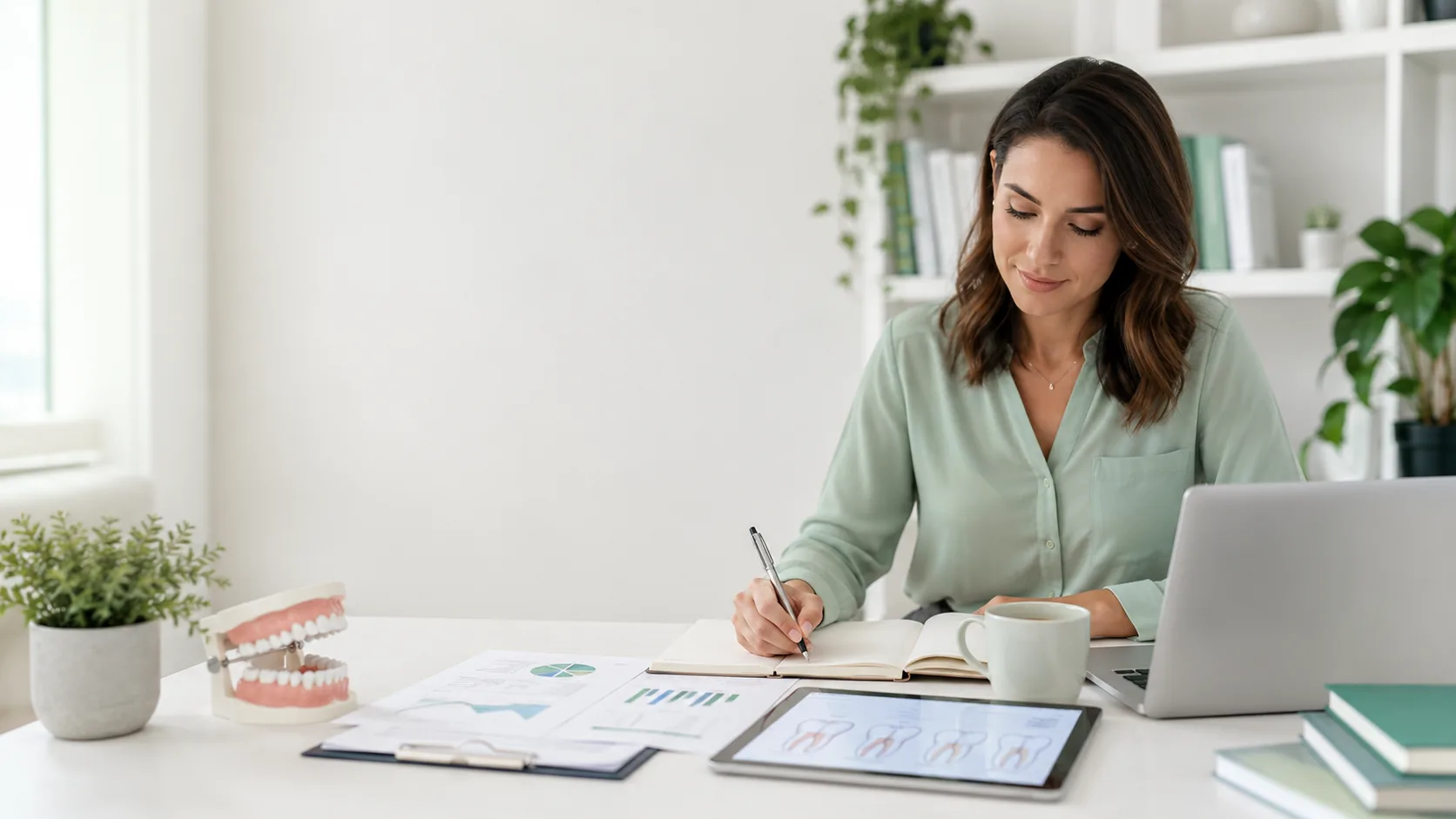 Woman writing notes beside a laptop, charts, and a dental model in a bright workspace.