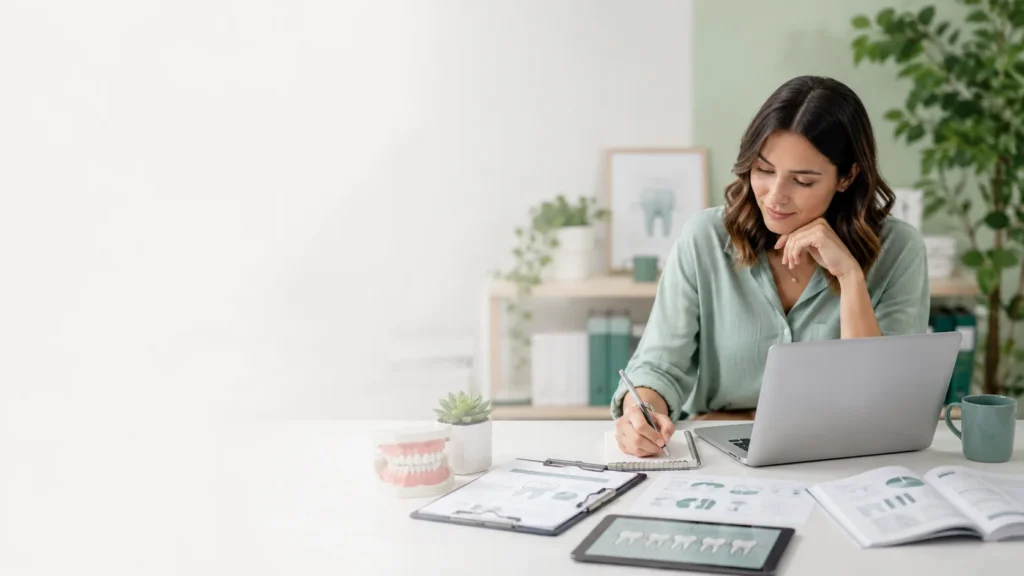 Editorial workspace with a woman researching dental coverage information on a laptop, surrounded by dental models, notes, and educational materials.