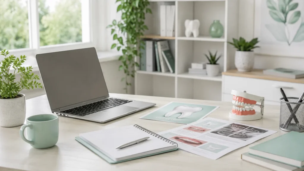 Bright editorial workspace with a laptop, notebook, dental documents, books, and dental models arranged on a desk.