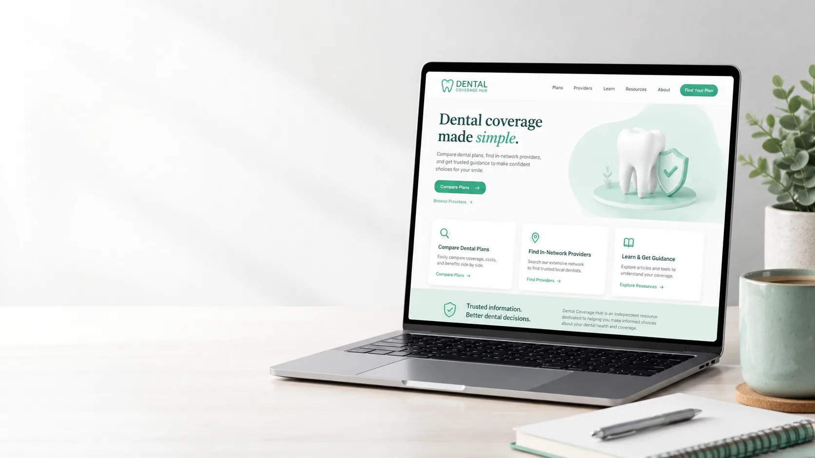 Laptop displaying Dental Coverage Hub dental plan and provider network resources.