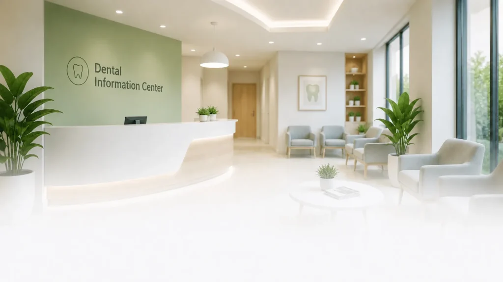 Bright modern dental information center lobby with a reception desk, seating area, indoor plants, and neutral dental signage.