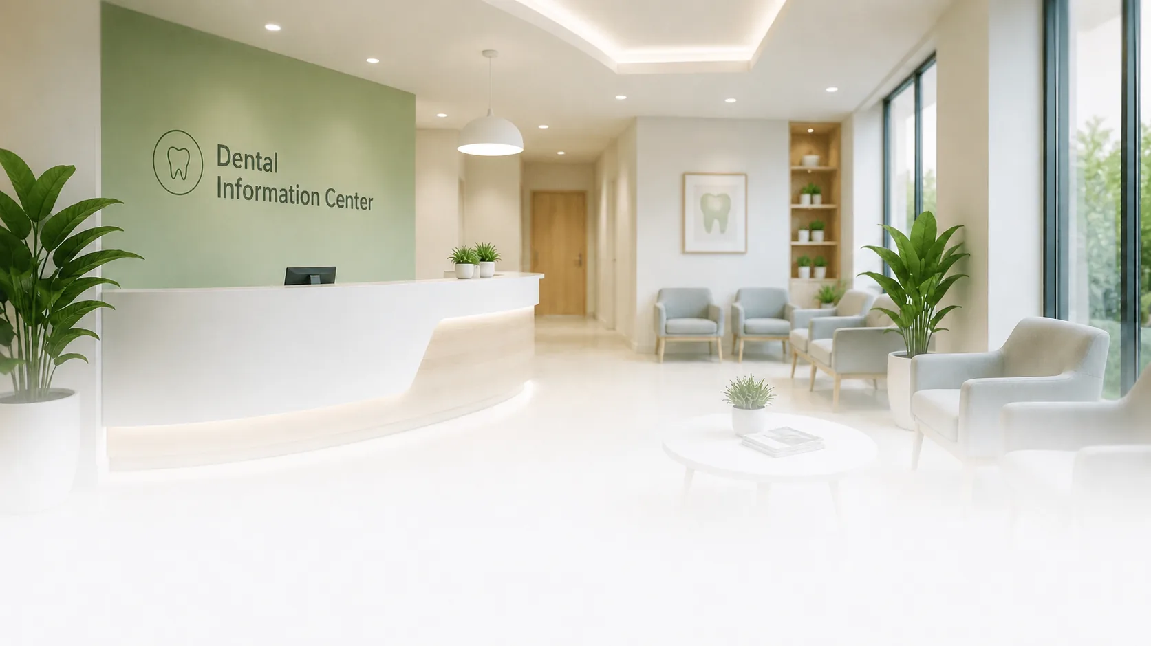 Bright modern dental information center lobby with a reception desk, seating area, indoor plants, and neutral dental signage.