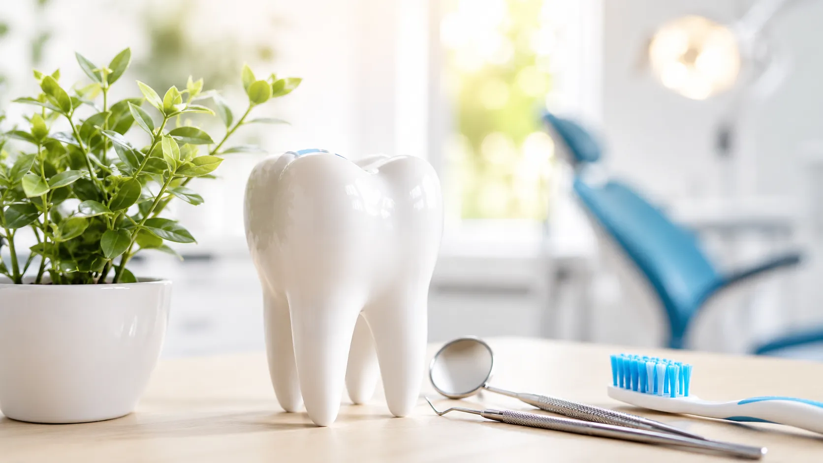 Modern dental clinic workspace featuring a ceramic tooth model, dental mirror, toothbrush, and plant, representing educational dental insurance resources.