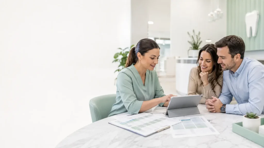 Dental insurance advisor reviewing coverage options with a couple using a tablet in a modern dental office.