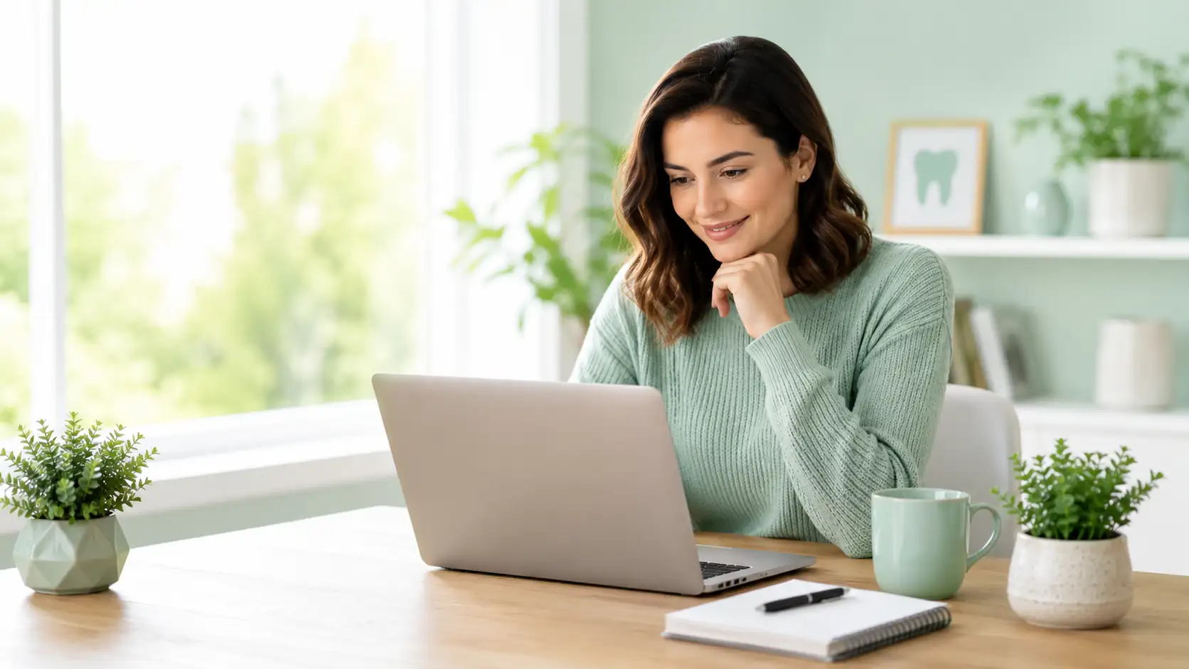 Woman reviewing online dental insurance quotes and official plan documents on a laptop at home.