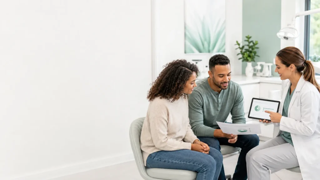 A dentist discussing dental coverage options with a couple using charts and a tablet during a consultation in a bright modern dental office.