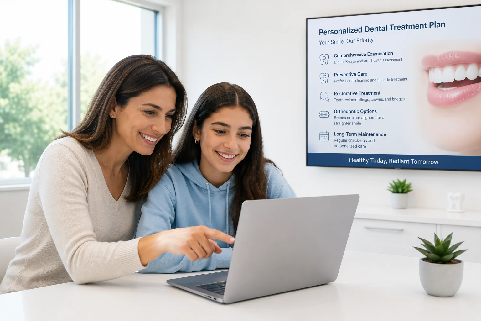 Mother and teenage daughter learning about dental plans together on a laptop during a consultation at a modern dental clinic.