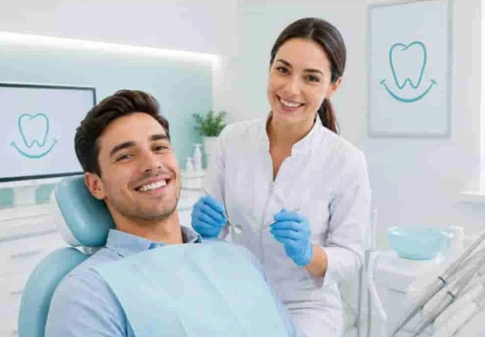 Smiling patient with a dentist during a dental consultation in a modern dental clinic.