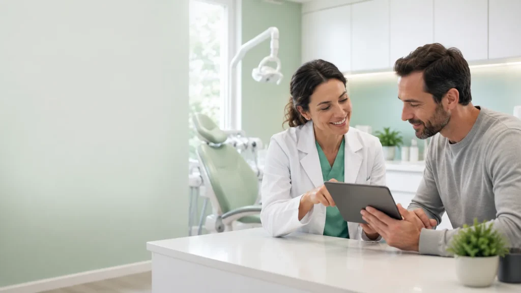 A dentist showing dental plan information to a patient on a tablet in a bright dental office.