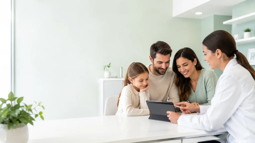 A family meeting with a dentist who is explaining dental plan options on a tablet in a bright, modern dental office.