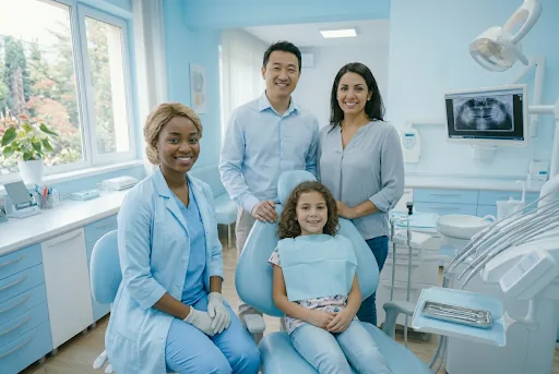 Family meeting with a dental professional to better understand dental coverage options in a modern dental office.