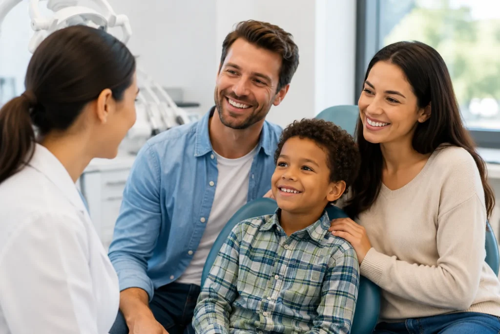 Family meeting with a dental professional to better understand dental insurance options before choosing a plan.