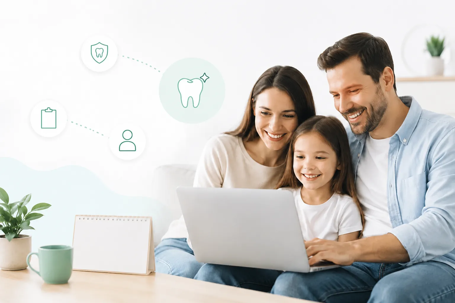 Parents and child looking at a laptop together at home.