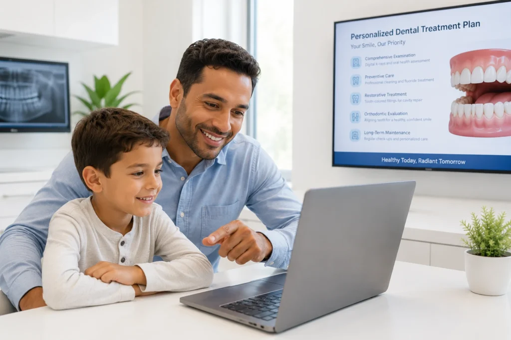 Father and son using a laptop to learn about dental insurance options and compare plans through educational resources.