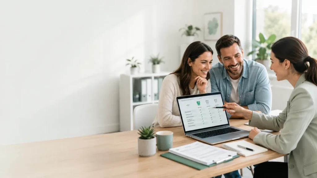 Family comparing dental insurance plans with an advisor to choose the right dental coverage for their needs and budget.