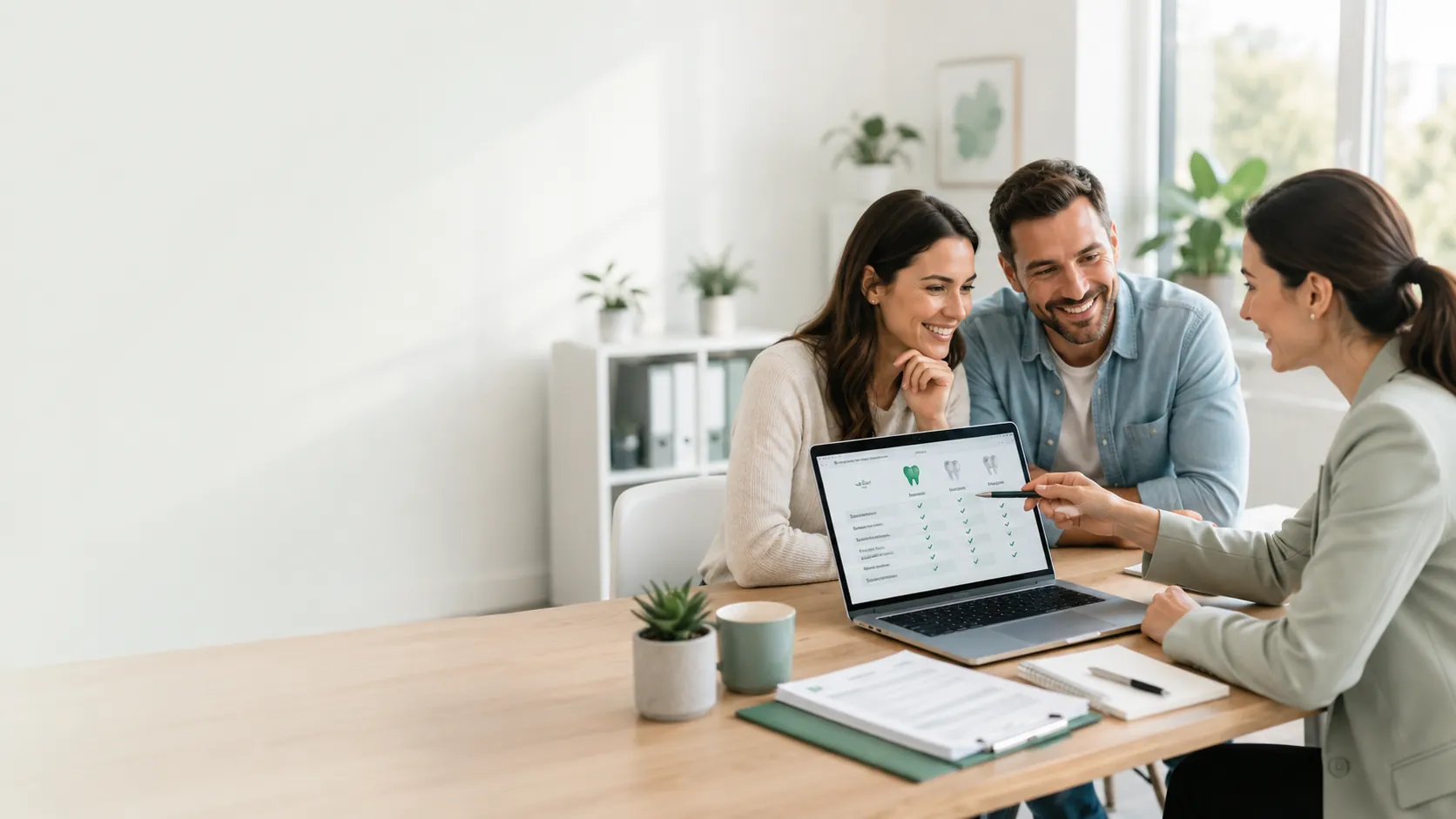 Family reviewing dental provider network information with an advisor at a desk.