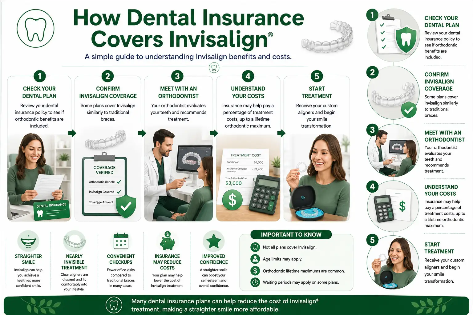 Infographic explaining clear aligner eligibility, orthodontic networks, waiting periods, lifetime maximums, and patient costs.
