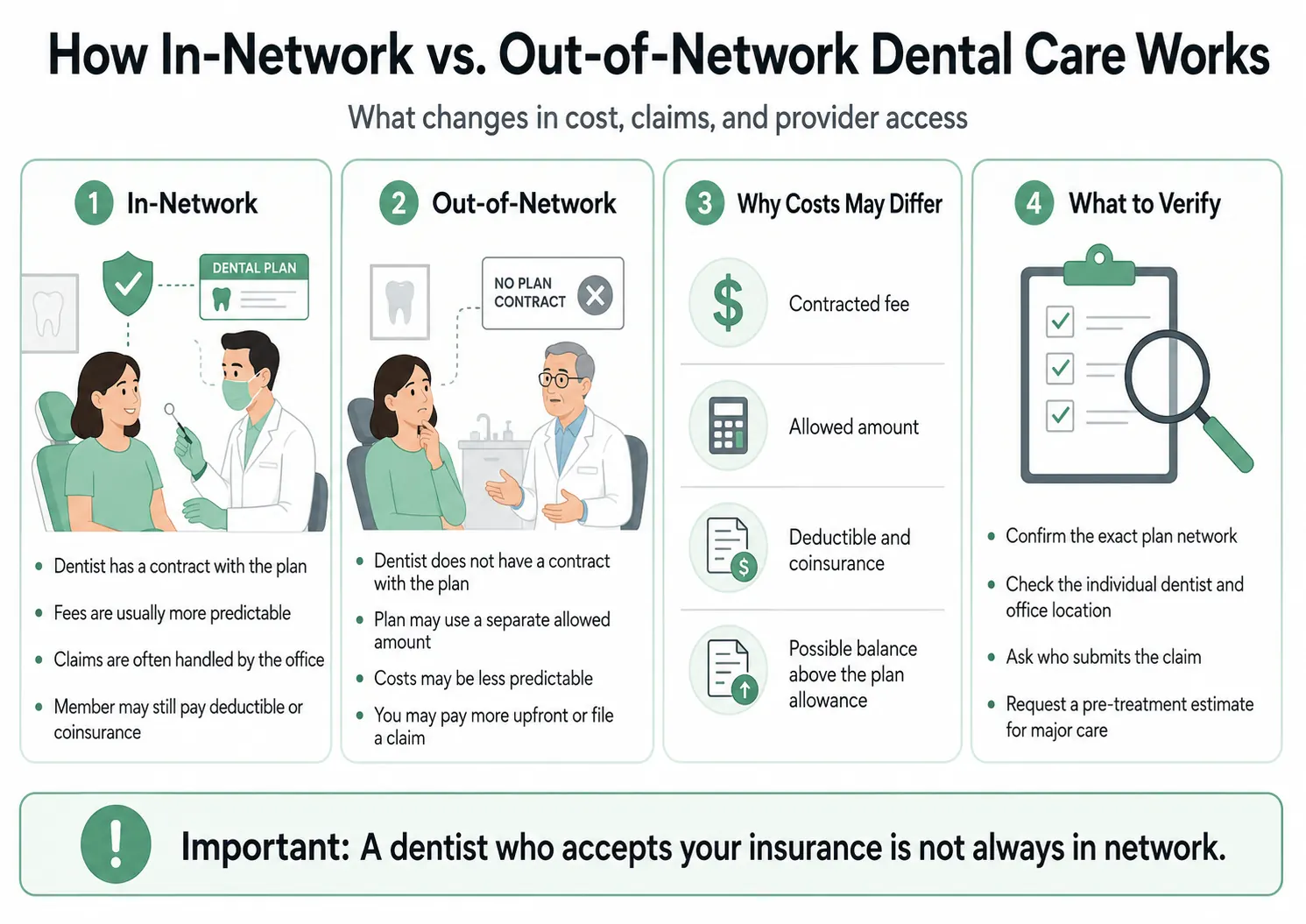 Infographic comparing in-network and out-of-network dental provider contracts, plan allowances, claims, and patient responsibility.
