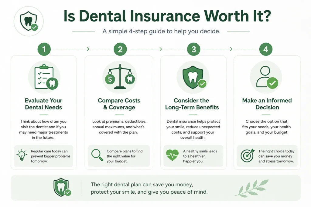 Four-step infographic explaining how to decide if dental insurance is worth it by comparing dental needs, coverage, costs, and long-term benefits.
