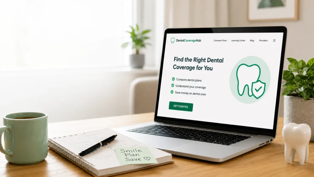 Laptop displaying DentalCoverageHub educational resources and dental insurance comparison tools for visitors exploring coverage options.