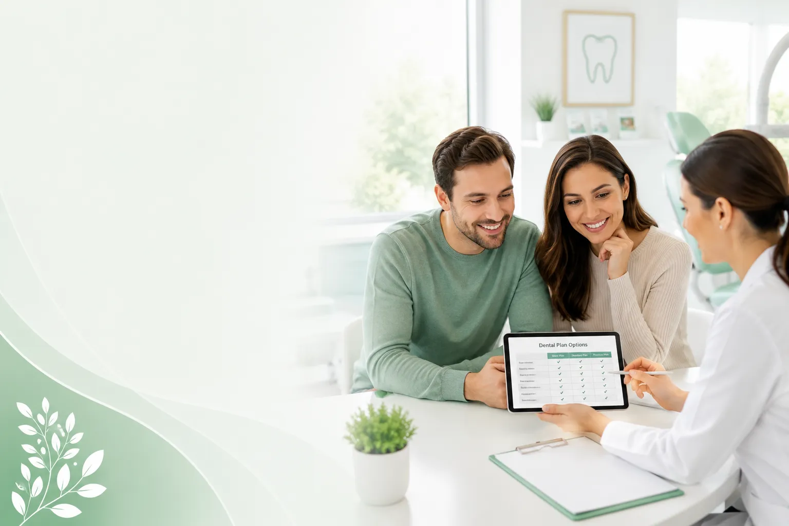 Couple reviewing a dental plan comparison table on a tablet with a dental professional in a dental office.