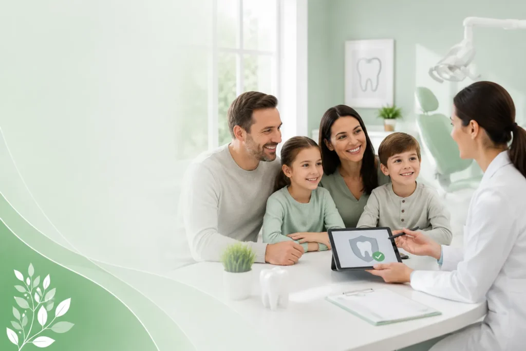 Family learning about dental insurance options with a dentist before choosing the right dental coverage.