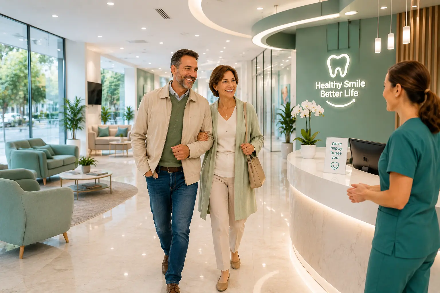 Smiling couple arriving at a modern dental clinic while exploring trusted dental insurance providers and coverage options.