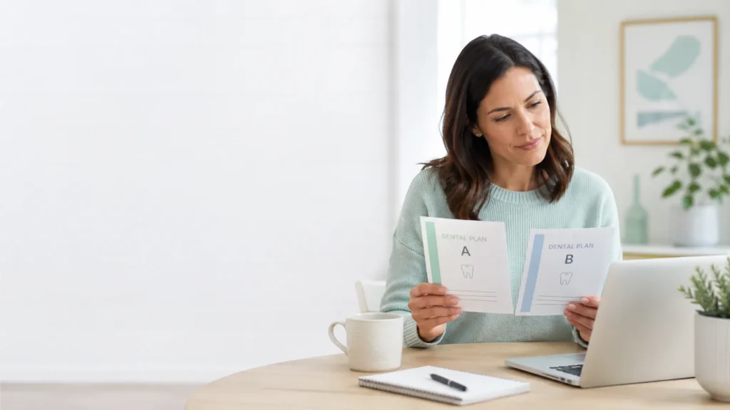Person reviewing two dental insurance plan documents beside a laptop.
