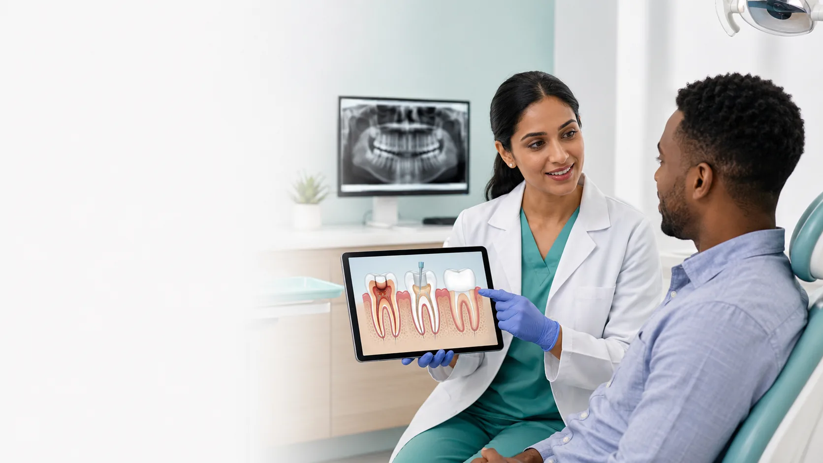 Dentist explaining root canal treatment to a patient using a tablet with a tooth cross-section in a modern dental office.