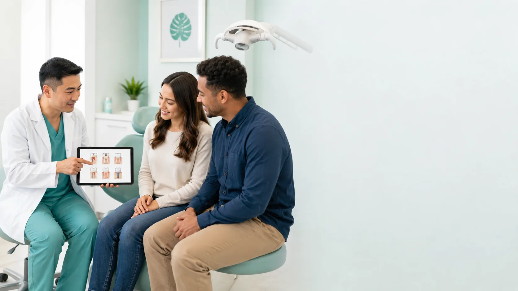 Dentist showing dental treatment examples on a tablet to two adults during a consultation in a modern dental office.