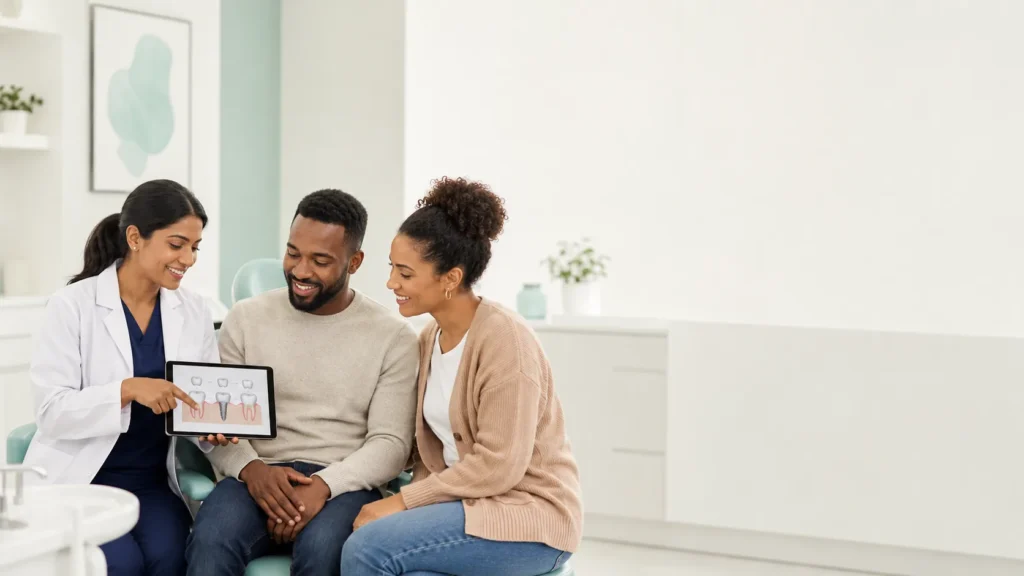Dentist reviewing dental treatment examples on a tablet with two adults during a consultation in a modern dental office.