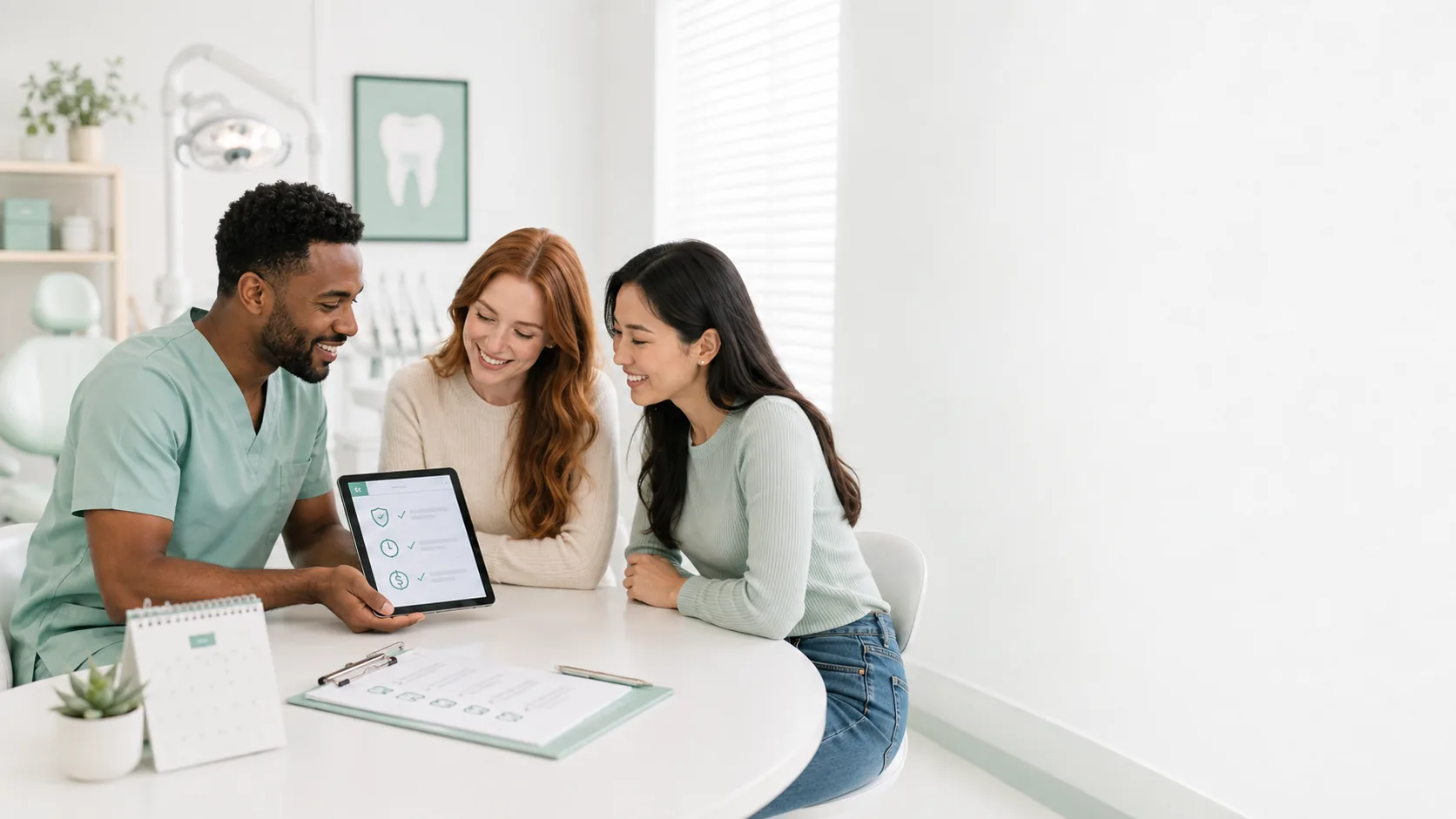 Dental professional reviewing plan information on a tablet with two adults in a bright dental office.