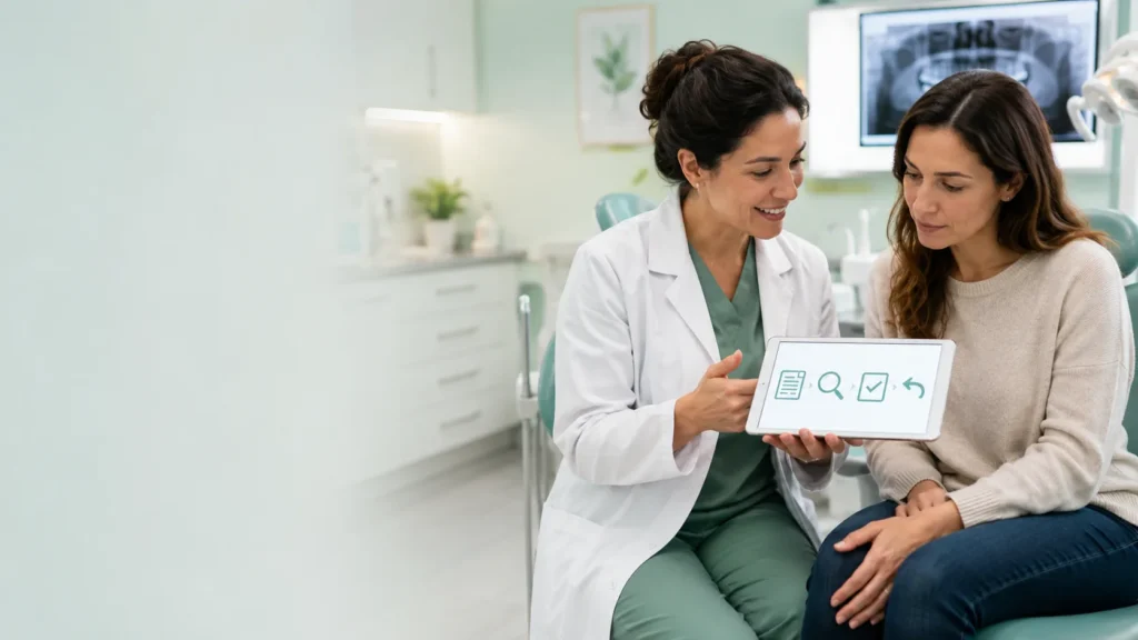 Dental professional reviewing claim-related information on a tablet with a patient in a modern dental office.