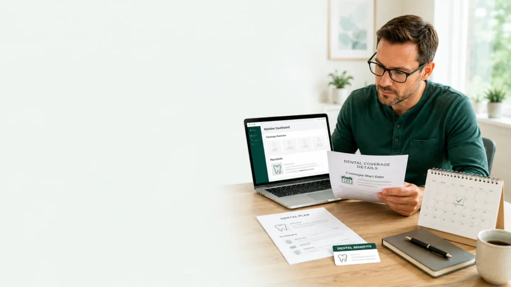 Person reviewing dental plan documents and a coverage start date on a laptop beside a calendar.