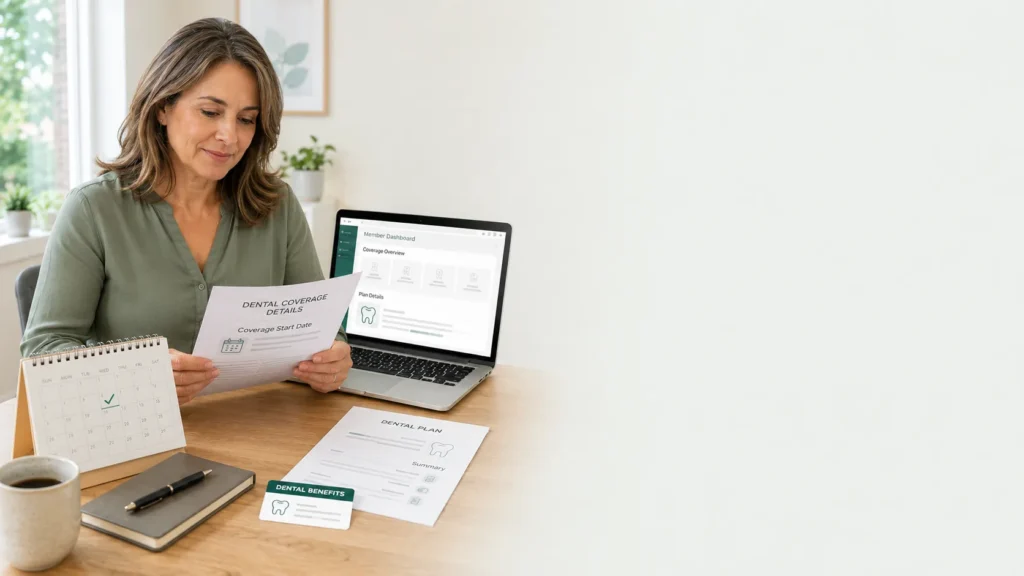Woman reviewing dental plan documents and a coverage start date beside a laptop and calendar.