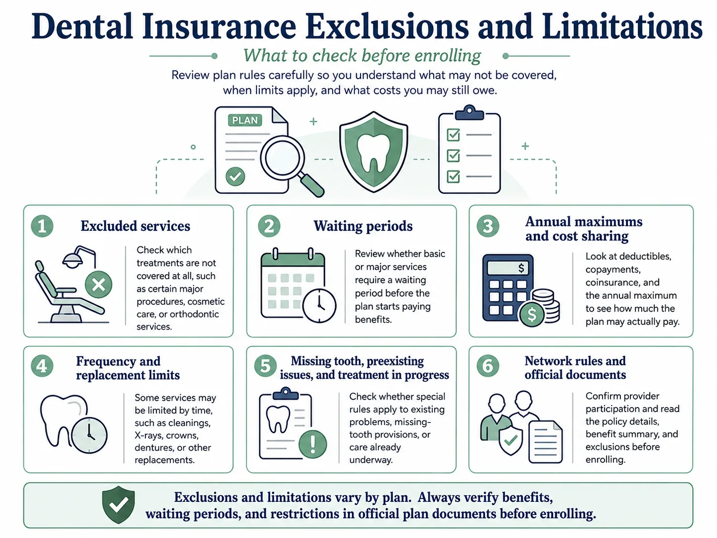 Six-step infographic explaining dental insurance exclusions and limitations, including excluded services, waiting periods, annual maximums, cost-sharing, frequency and replacement limits, existing dental issues, network rules, and official plan documents.