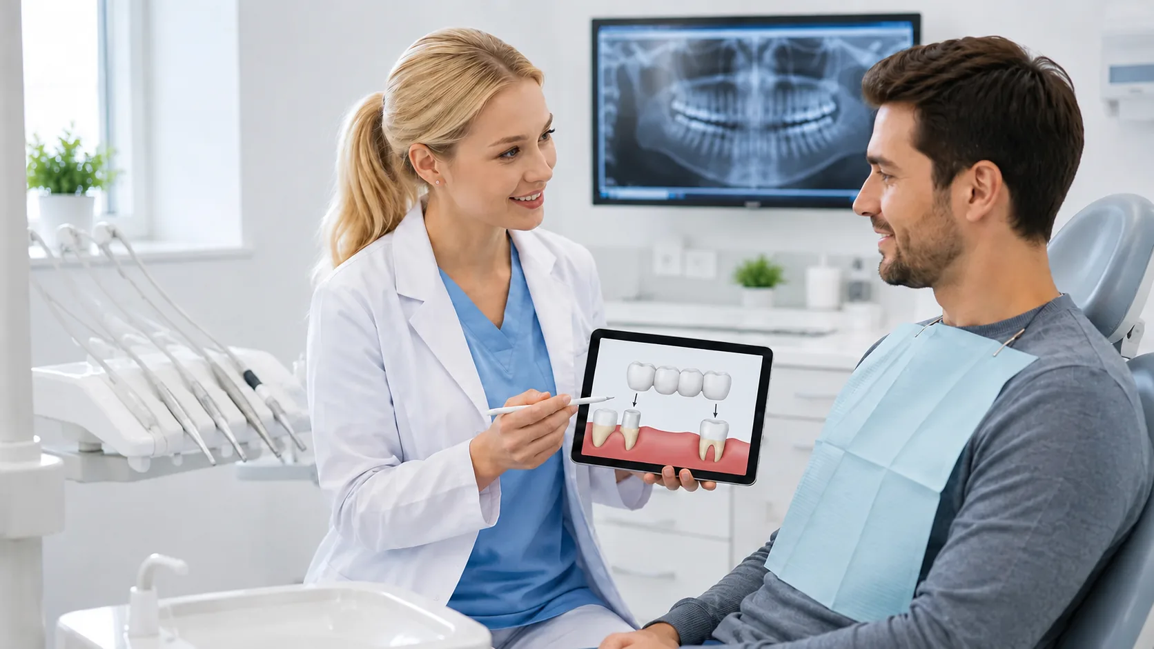 Dentist explaining a dental bridge to a patient using a tablet in a modern dental office.