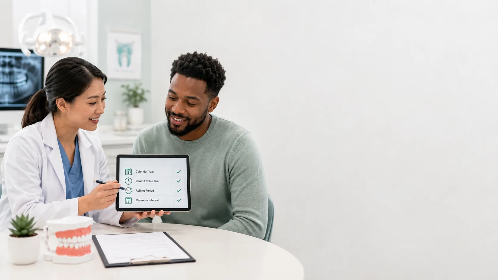 Dentist reviewing dental insurance frequency timing rules with a patient on a tablet in a modern dental office.