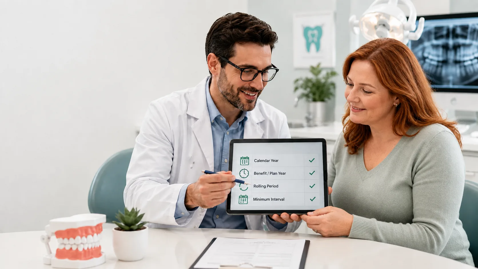 Patient reviewing dental insurance benefit timing information with a dental professional.