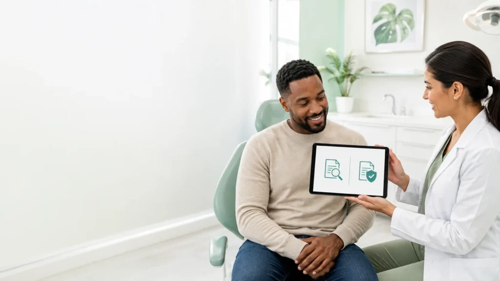 Dentist explaining two dental insurance review documents to a patient using a tablet in a modern dental office.