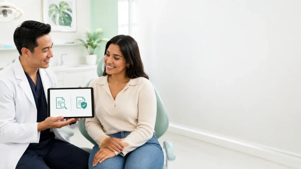 Dentist reviewing two dental insurance document types with a patient using a tablet in a modern dental office.