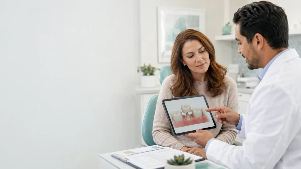 Dentist and patient reviewing existing dental work and replacement treatment information on a tablet.
