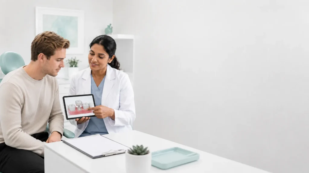 Female dentist reviewing an existing dental crown with a young adult patient on a tablet in a modern dental office.