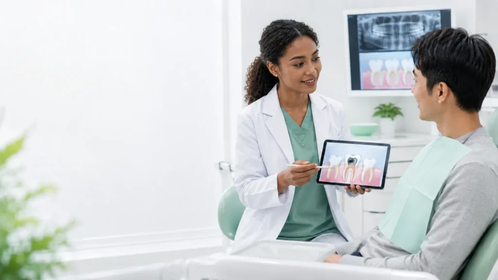 Dentist explaining a tooth affected by decay to a patient using a tablet in a modern dental office.