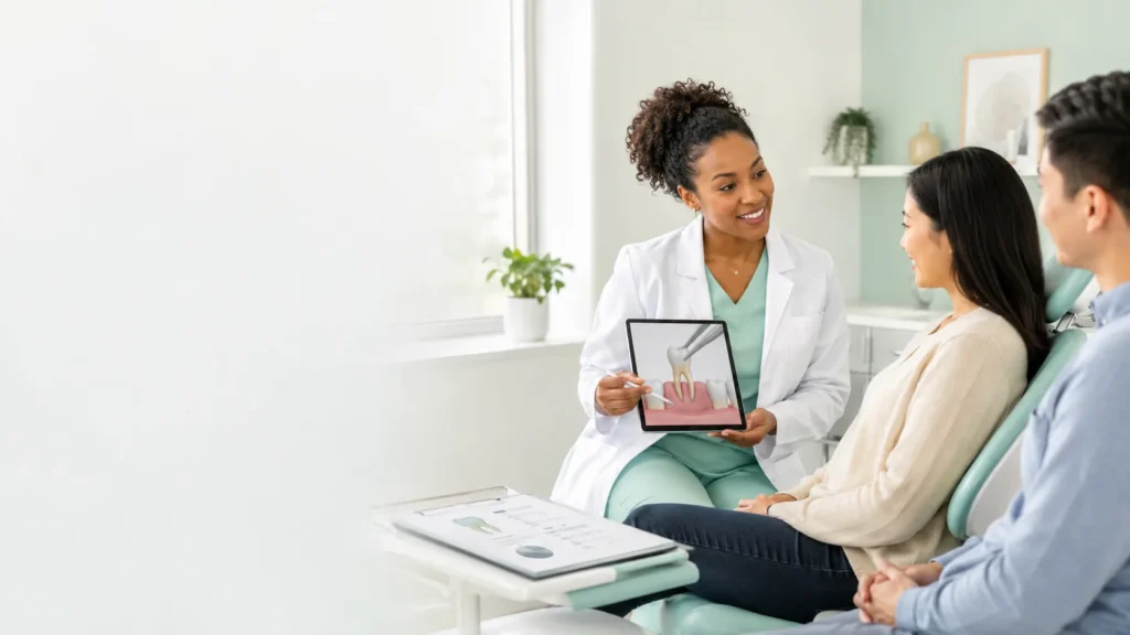 Dentist explaining a tooth extraction procedure to two patients using a tablet in a modern dental office.