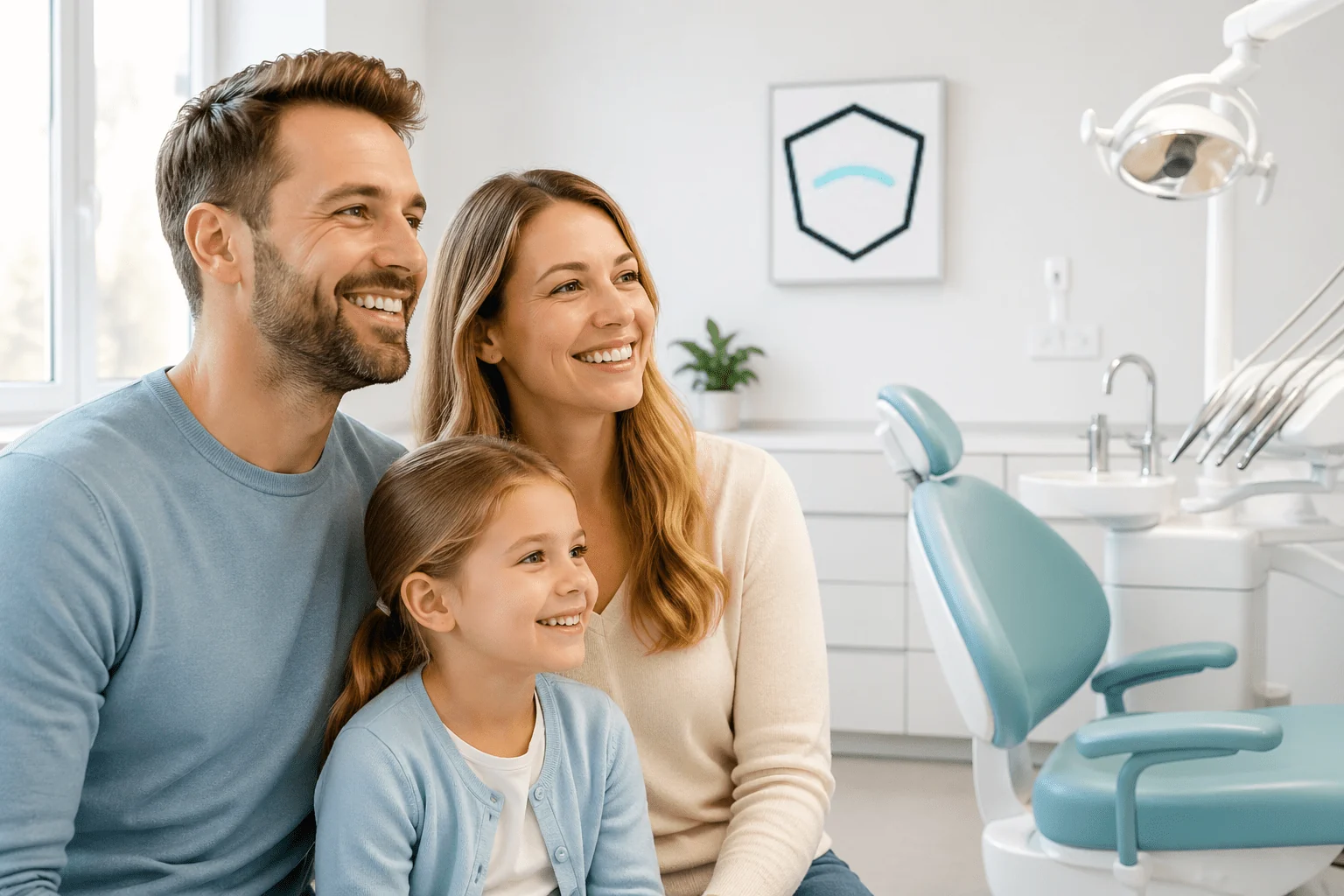 Family with a child sitting in a bright modern dental office.