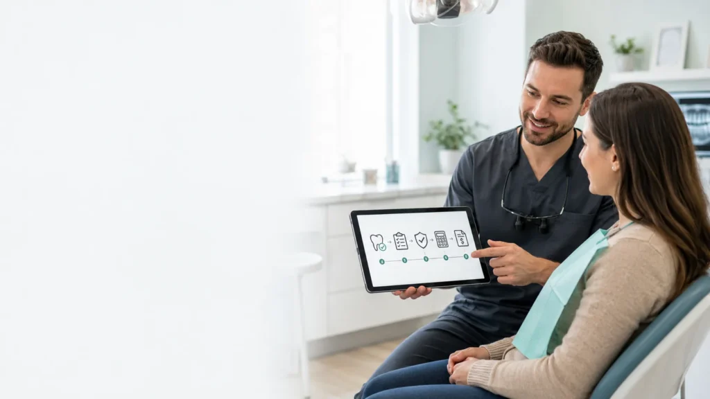 Dentist explaining the dental insurance claim process to a patient using a tablet in a modern dental office.