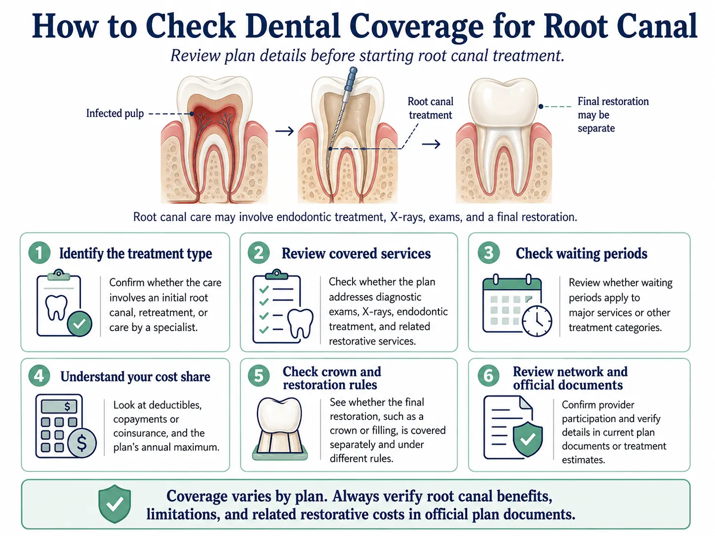 Six-step infographic explaining how to check dental coverage for root canal treatment, including treatment type, covered services, waiting periods, cost-sharing, crown or restoration rules, provider network status, and official plan documents.