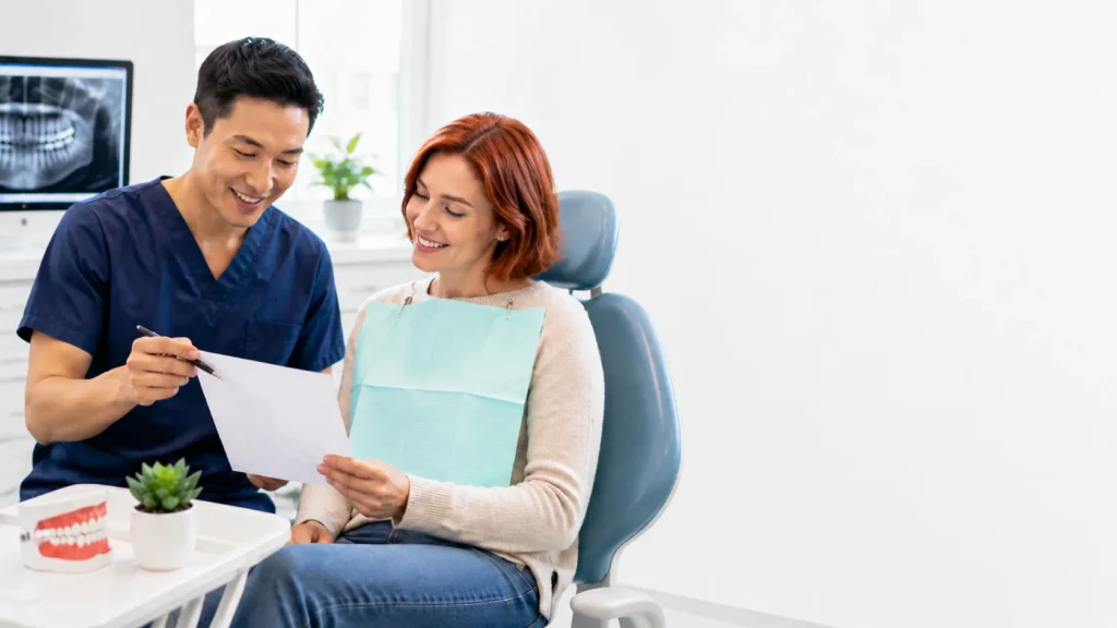 Dental professional reviewing an explanation of benefits document with a patient in a modern dental office.